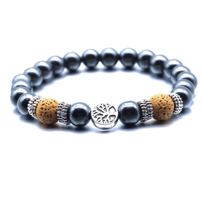 Yellow Tree of Life Lava Stone Metal Bracelet