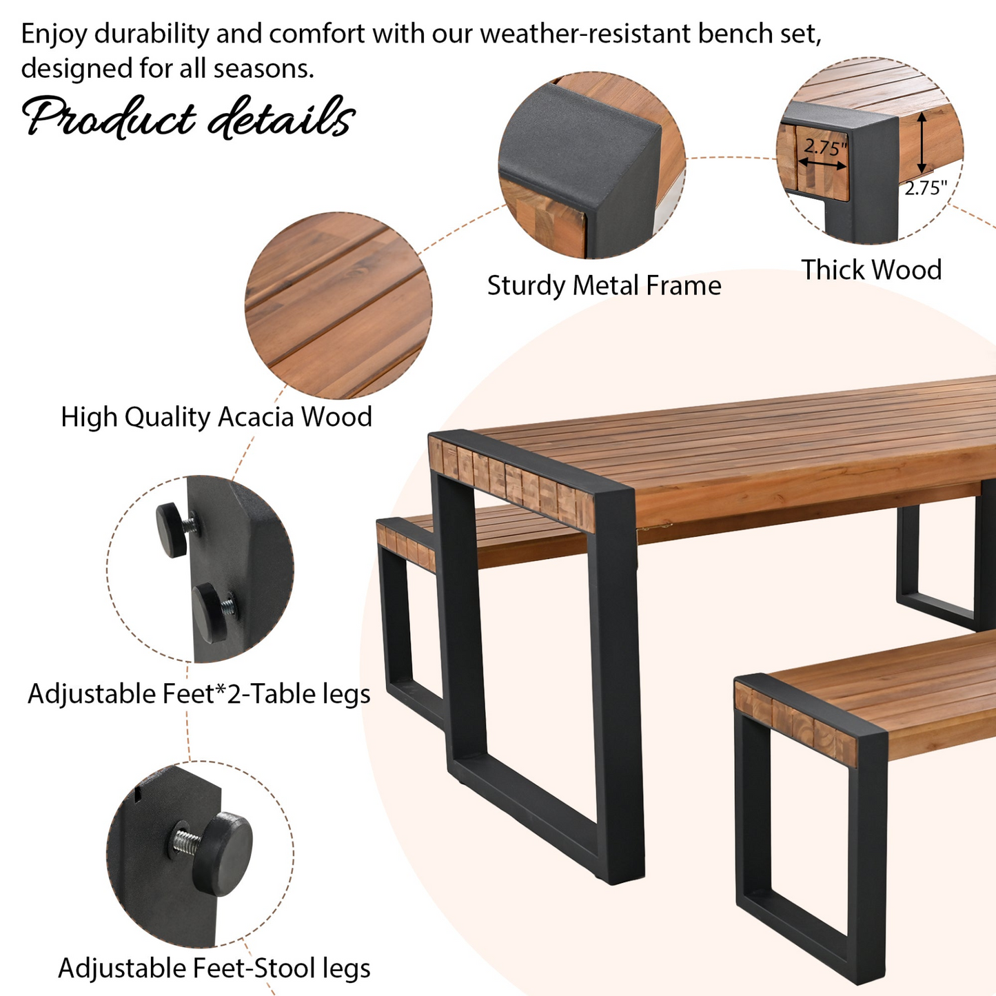 3-pieces Outdoor Dining Table With 2 Benches, Patio Dining Set With Unique Top Texture, Acacia Wood Top & Steel Frame, All Weather Use, For Outdoor & Indoor, Natural