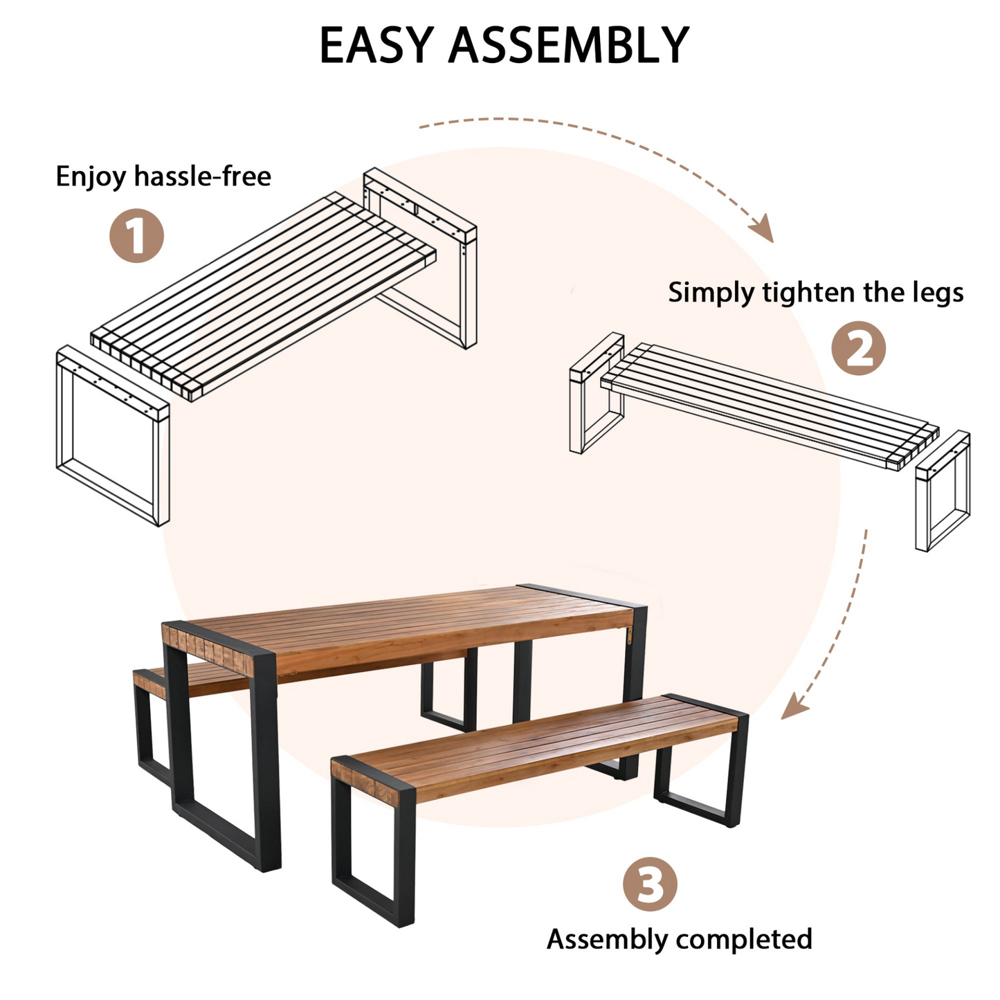 3-pieces Outdoor Dining Table With 2 Benches, Patio Dining Set With Unique Top Texture, Acacia Wood Top & Steel Frame, All Weather Use, For Outdoor & Indoor, Natural