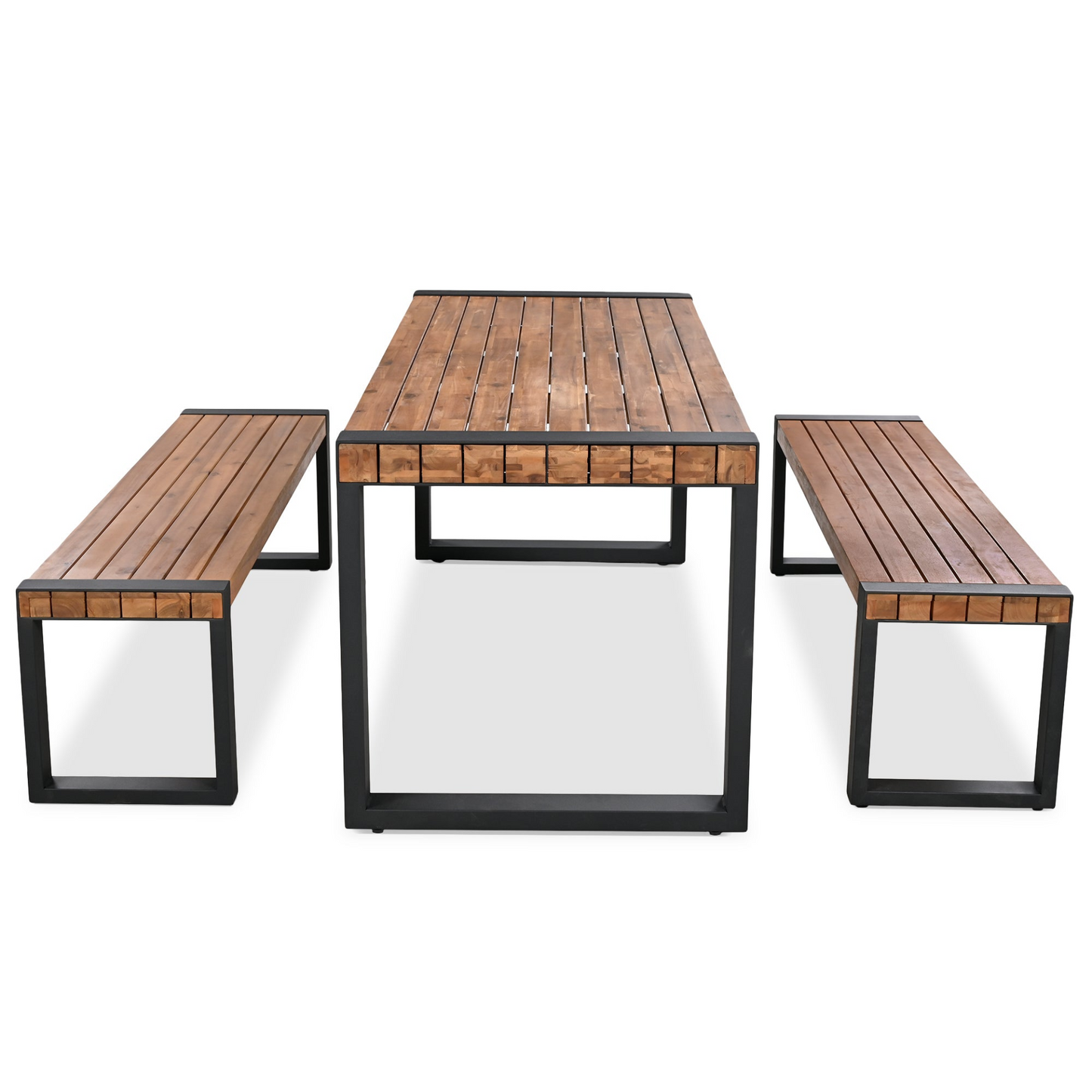 3-pieces Outdoor Dining Table With 2 Benches, Patio Dining Set With Unique Top Texture, Acacia Wood Top & Steel Frame, All Weather Use, For Outdoor & Indoor, Natural