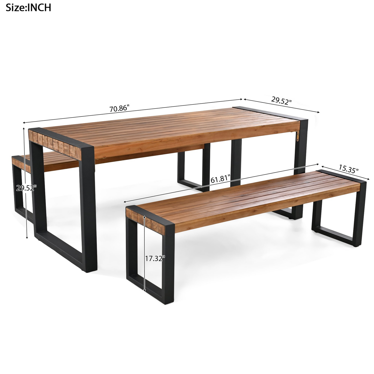 3-pieces Outdoor Dining Table With 2 Benches, Patio Dining Set With Unique Top Texture, Acacia Wood Top & Steel Frame, All Weather Use, For Outdoor & Indoor, Natural