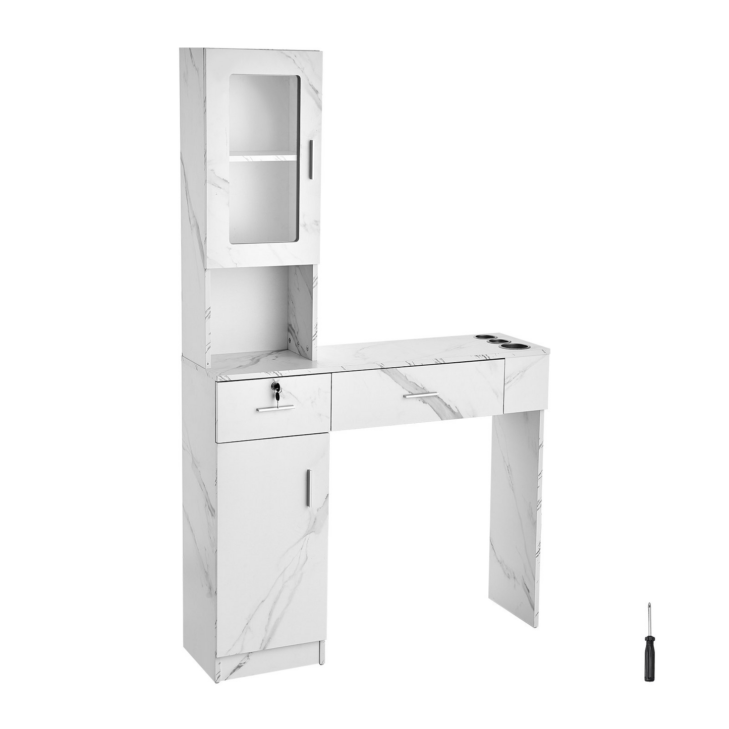 VEVOR Salon Workstation, Wall-Mounted Unit for Hair Professionals, Spa Styling Storage Solution, Includes 1 Cabinet, 3 Shelves, 2 Drawers (1 with Lock), in White