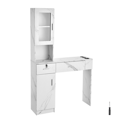 VEVOR Salon Workstation, Wall-Mounted Unit for Hair Professionals, Spa Styling Storage Solution, Includes 1 Cabinet, 3 Shelves, 2 Drawers (1 with Lock), in White